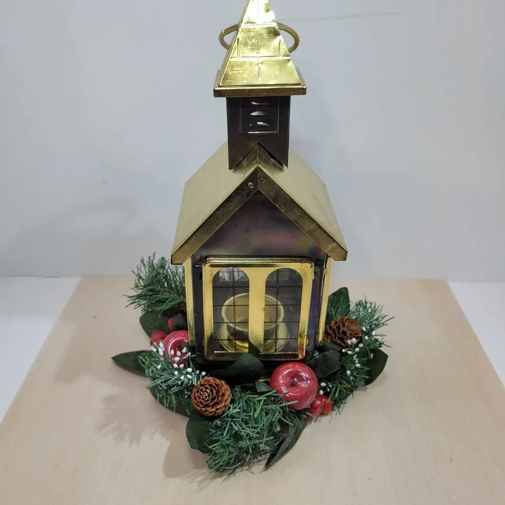 Vintage Gold Church Lantern With‎ Christmas Wreath Accent Decor